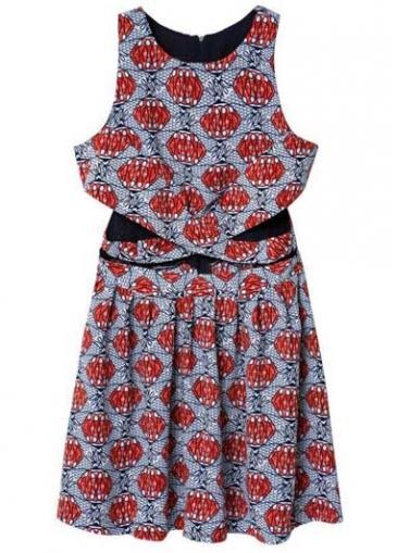 Rosewe Alluring Round Neck Print Skater Dress With Cutout Design