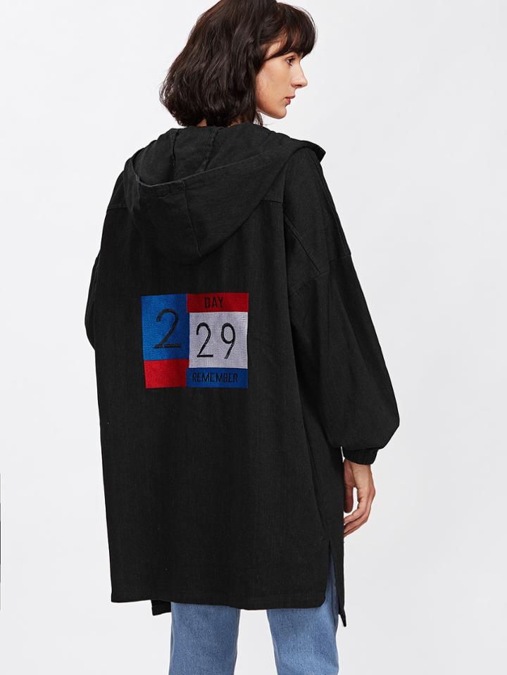 Shein Elastic Hem Number Embroidered Drop Shoulder Hooded Coat