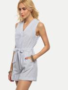 Shein Blue Striped Pocket Tie Waist V Neck Sleeveless Jumpsuit