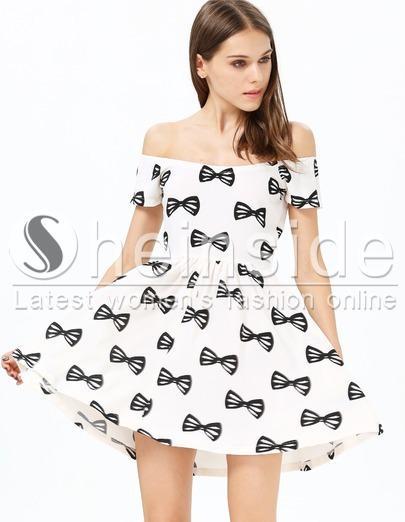 Shein White Off The Shoulder Bow Print Pleated Dress