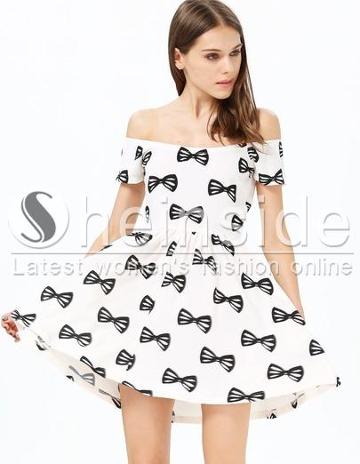 Shein White Off The Shoulder Bow Print Pleated Dress