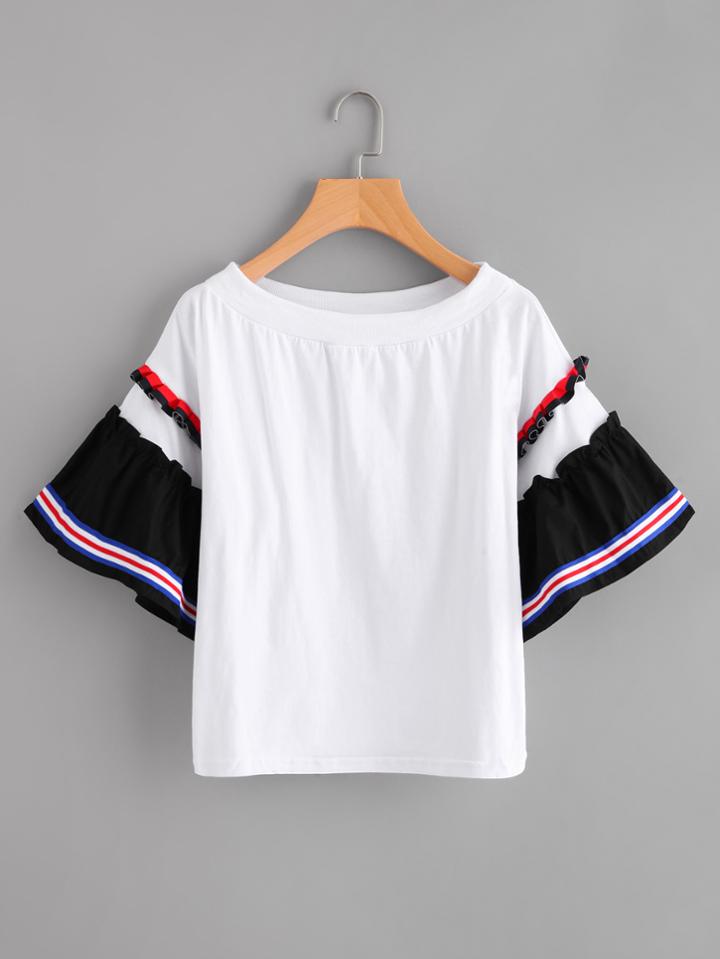 Shein Contrast Frill Trim Striped Tape Detail Tee