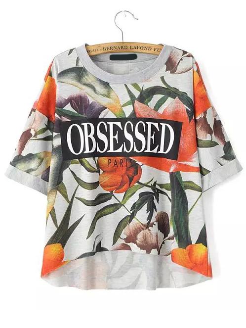 Shein Multicolor Round Neck Floral Letters Print T-shirt