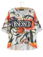 Shein Multicolor Round Neck Floral Letters Print T-shirt