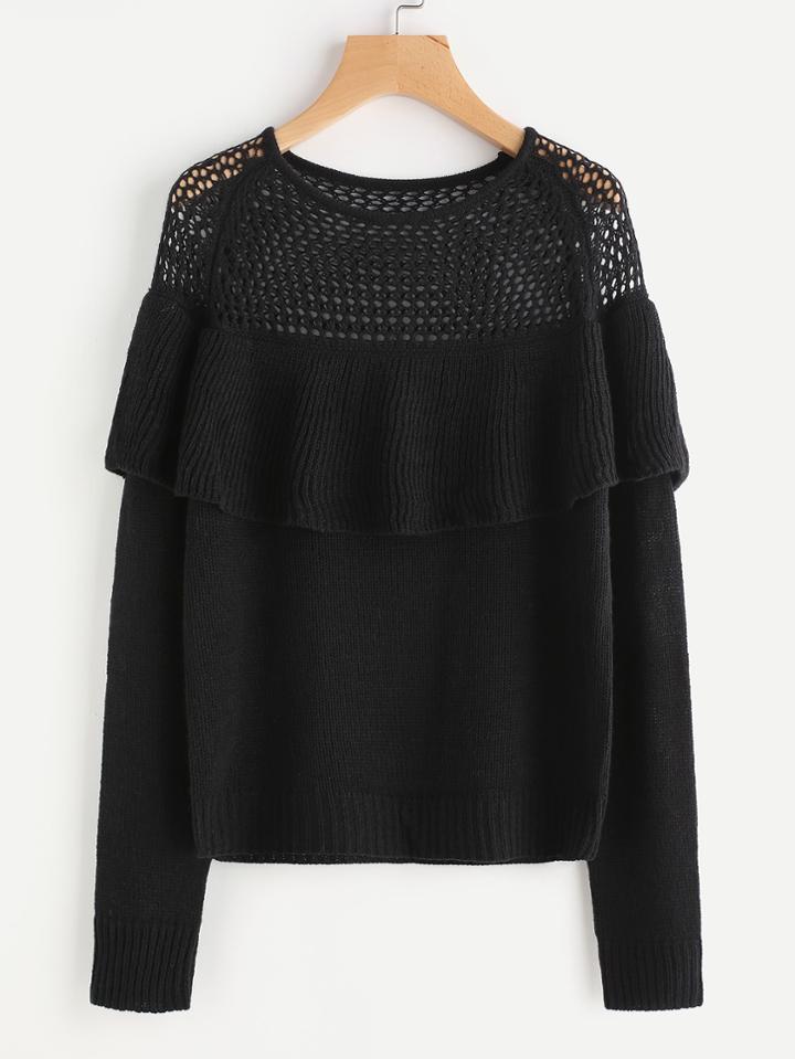 Shein Eyelet Shoulder Flounce Trim Jumper