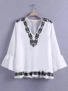 Shein White V Neck Bell Sleeve Embroidered Ruffle Blouse