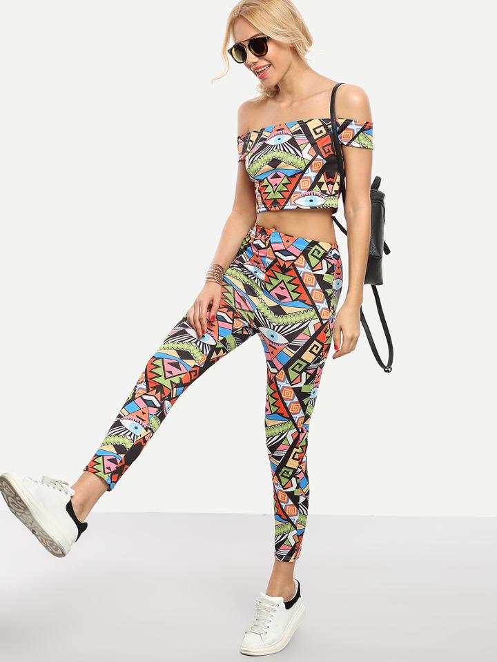 Shein Multicolor Graffiti Print Off-the-shoulder Top With Pants