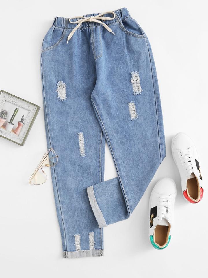 Shein Roll Up Hem Ripped Drawstring Waist Jeans