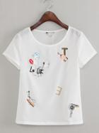 Shein White Round Neck Printed Cute T-shirt