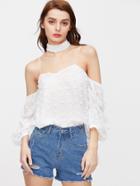 Shein Cold Shoulder Frayed Dot Jacquard Top With Choker