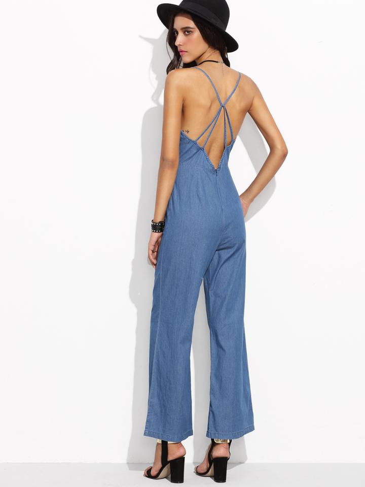 Shein Blue Spaghetti Strap Criss Cross Back Denim Wide Leg Jumpsuit