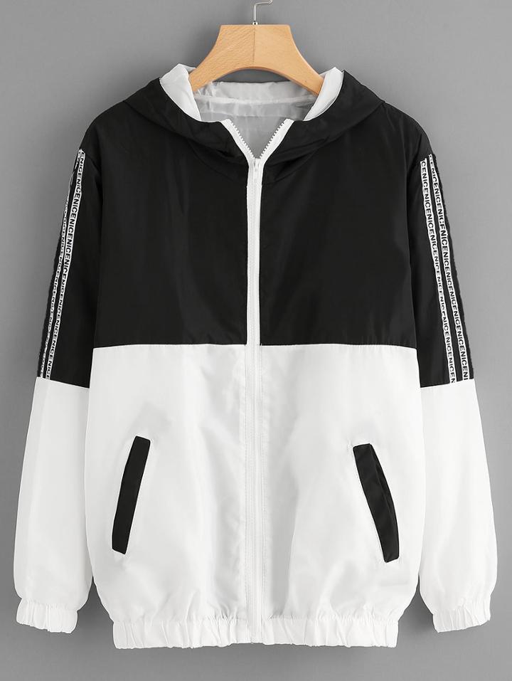 Shein Two Tone Letter Tape Detail Hooded Jacket