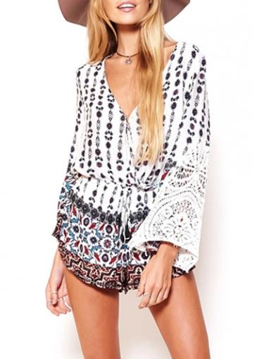 Rosewe Flare Sleeve Lace Patchwork Printed Loose Rompers