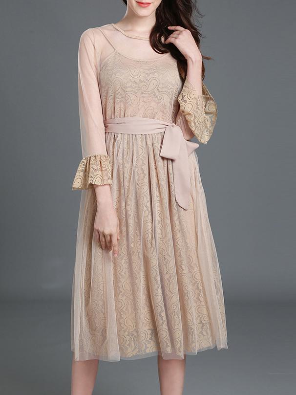 Shein Apricot Sheer Tie-waist Gauze Lace Dress