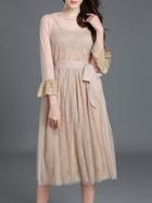 Shein Apricot Sheer Tie-waist Gauze Lace Dress