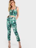Shein Front Tie Leaf Print Crop And Matching Pants Set
