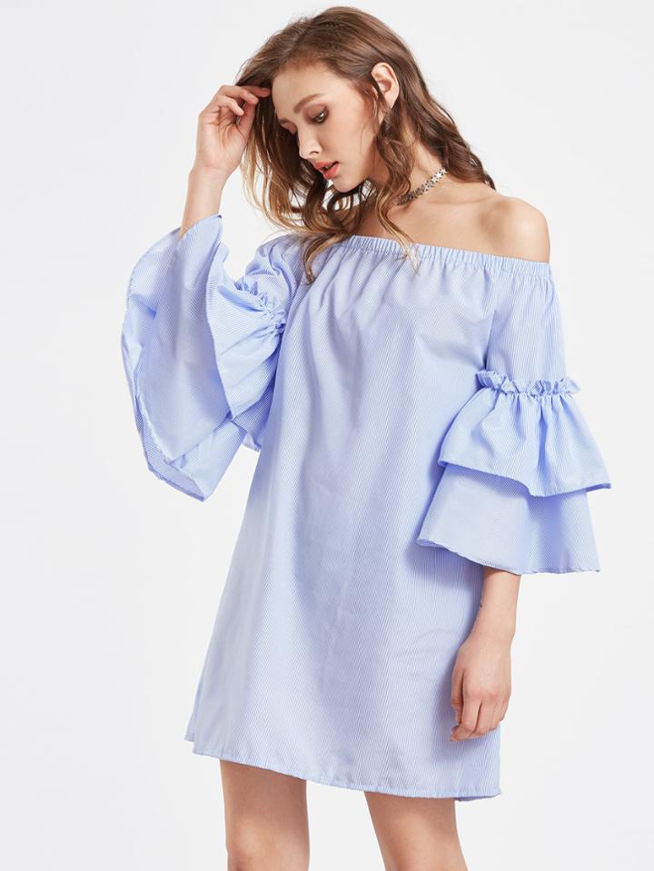 Shein Bardot Tiered Flute Sleeve Pinstriped Dress