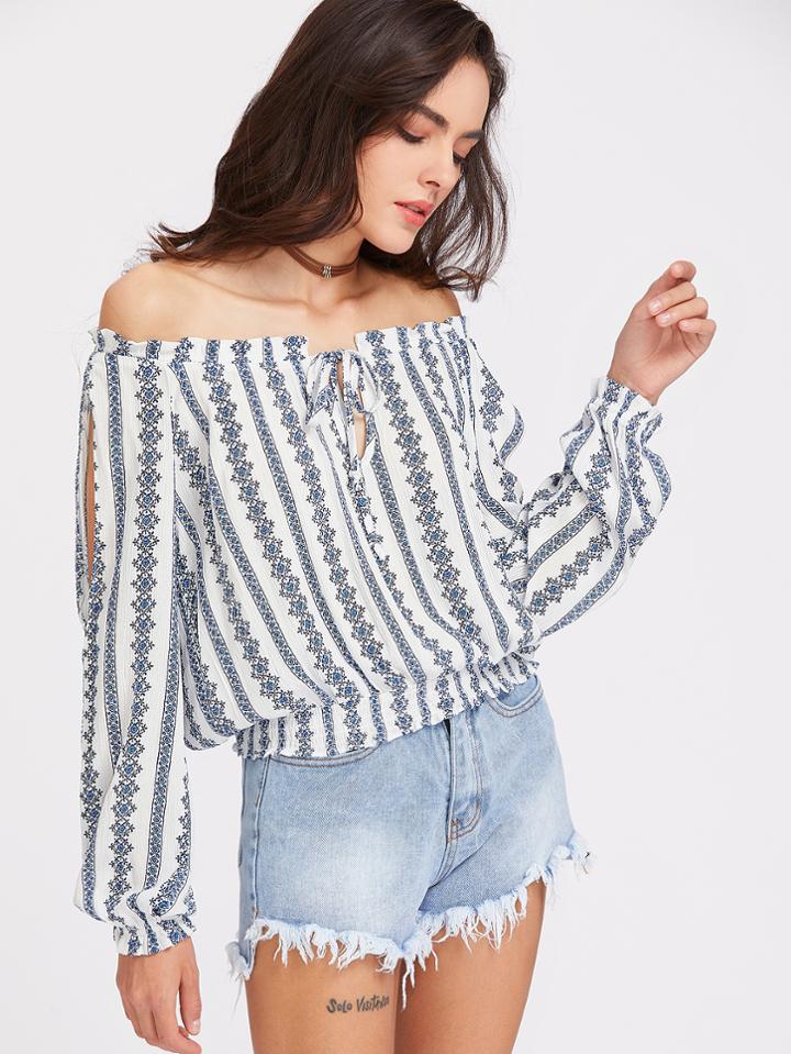 Shein Bardot Calico Print Tie Front Slit Sleeve Top