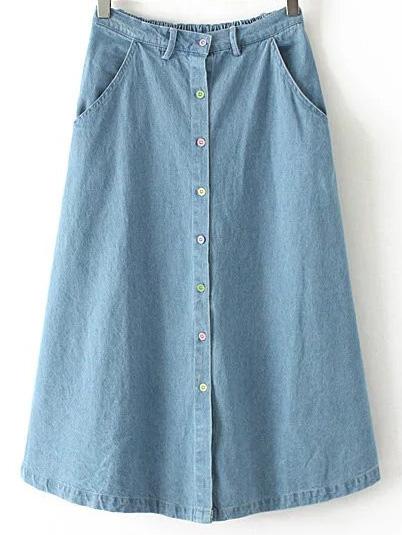 Shein Blue Elastic Waist Buttons Front Denim Skirt