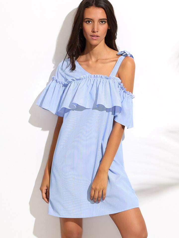 Shein Blue Tie Shoulder Ruffle Shift Dress