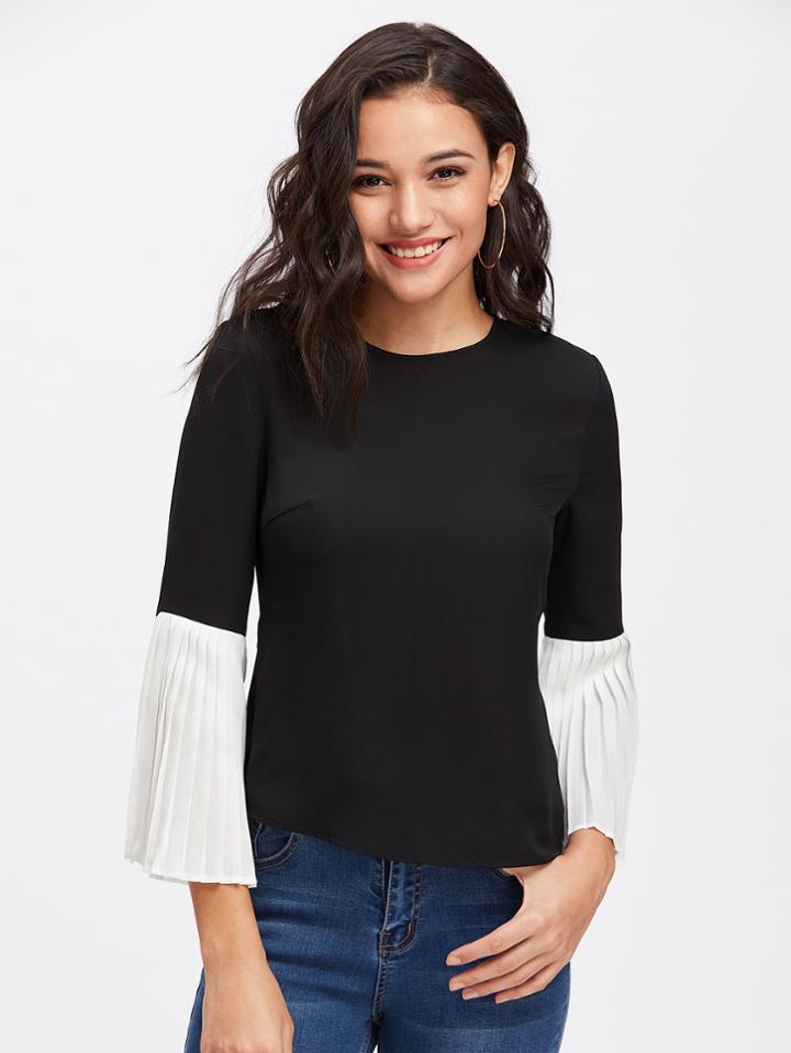 Shein Button Keyhole Back Contrast Pleated Fluted Sleeve Top