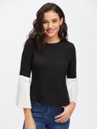 Shein Button Keyhole Back Contrast Pleated Fluted Sleeve Top