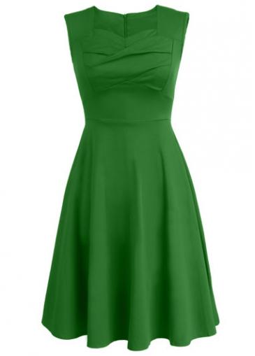 Rosewe Green Sleeveless Ruched Design Skater Dress