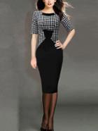 Shein Black White Crew Neck Houndstooth Split Dress