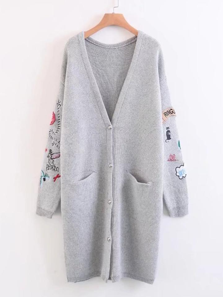 Shein Cartoon Embroidery Longline Cardigan