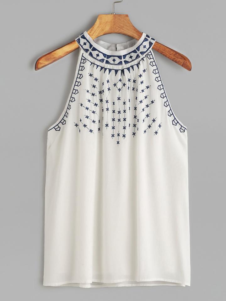 Shein White Embroidered Halter Neck Top