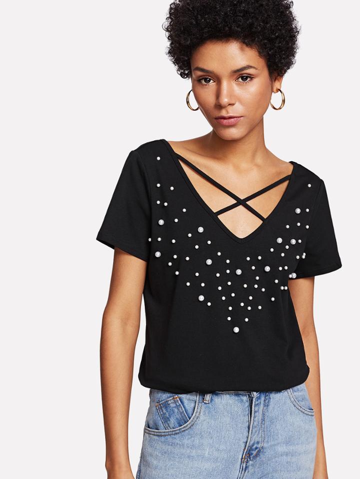 Shein Pearl Beading V Neck T-shirt