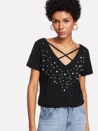 Shein Pearl Beading V Neck T-shirt