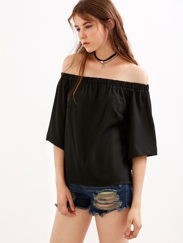 Shein Black Off The Shoulder Slit Back Dip Hem Blouse