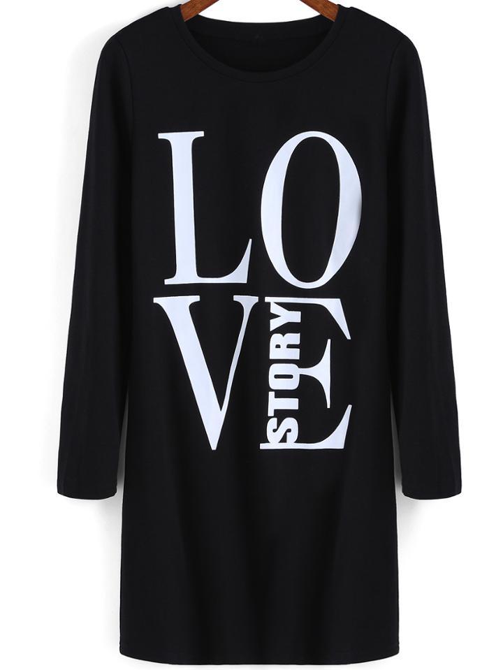Shein Black Round Neck Love Print Dress