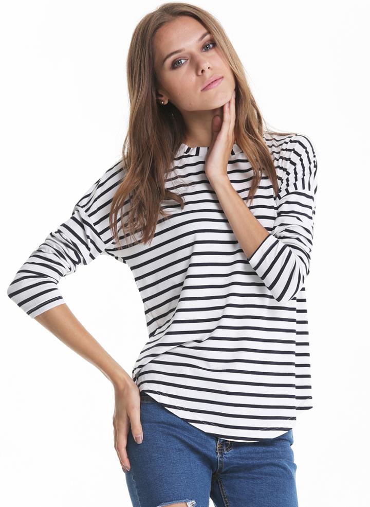 Shein White Black Long Sleeve Striped Loose T-shirt