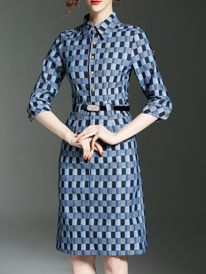 Shein Color Block Plaid Pockets Belted Bodycon Dress