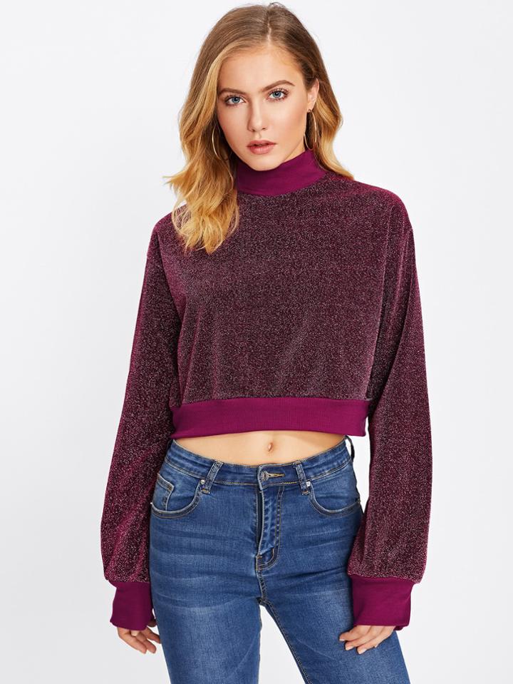 Shein Mock Neck Ribbed Trim Glitter Pullover