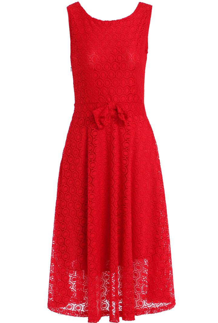 Shein Red Sleeveless Floral Crochet Bow Lace Dress