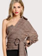 Shein One Shoulder Gathered Sleeve Checked Tie Blouse