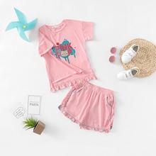 Shein Girls Letter Print Ruffle Trim Top & Shorts Set
