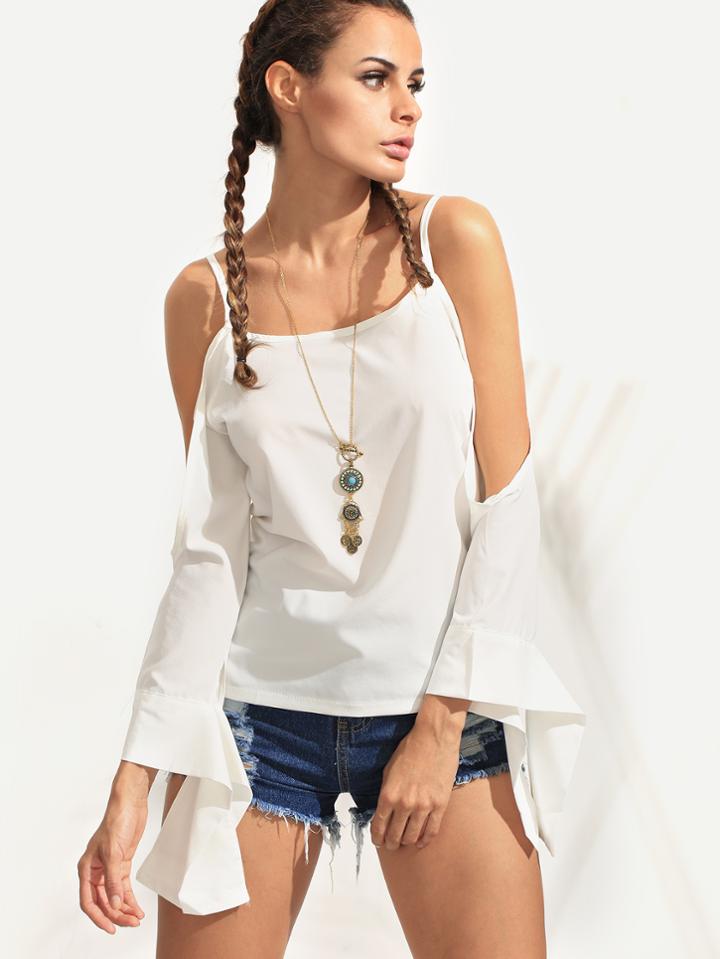 Shein White Cold Shoulder Asymmetrical Cuff Blouse