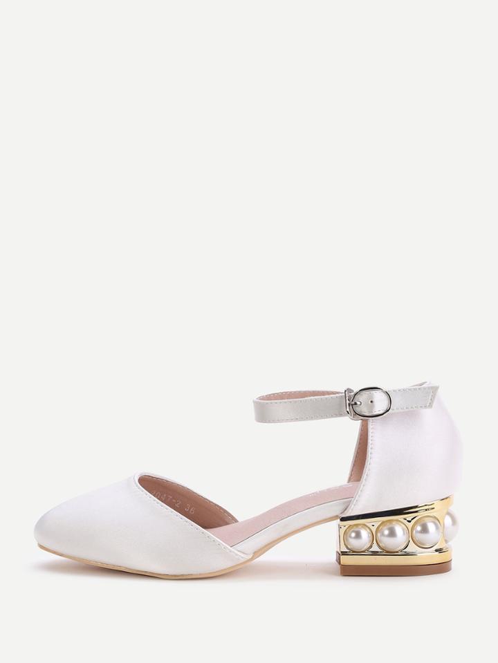 Shein White Point Toe Ankle Strap Satin Chunky Heeled Shoes