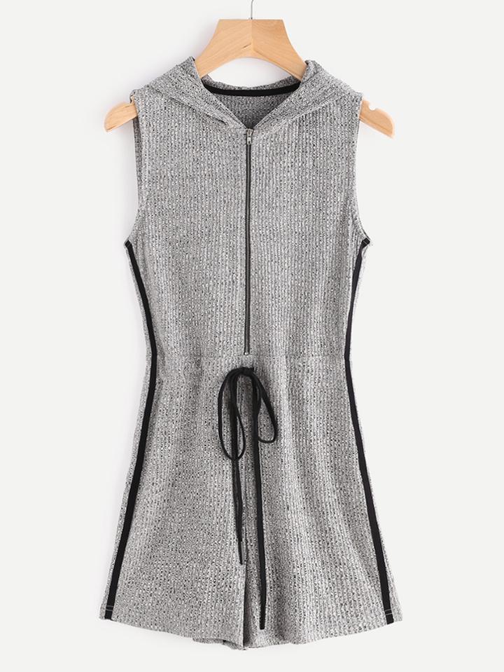 Shein Marled Ribbed Knit Zip Up Side Striped Hooded Romper