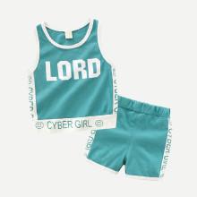 Shein Boys Letter Print Ringer Top With Shorts