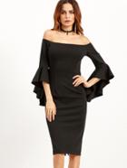 Shein Black Bell Sleeve Off The Shoulder Pencil Dress