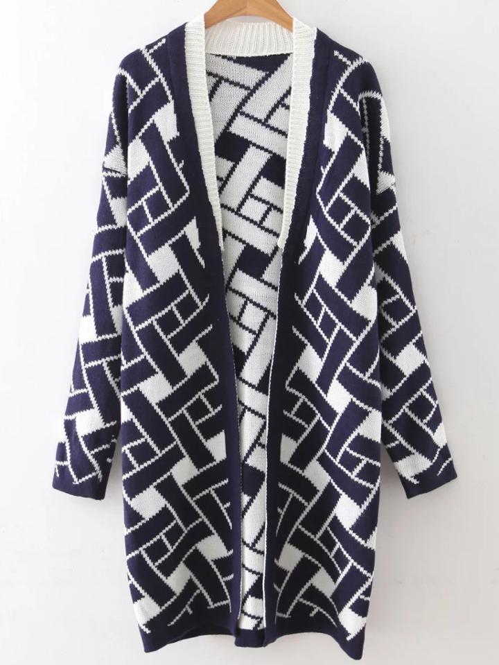 Shein Navy Geometric Pattern Drop Shoulder Cardigan