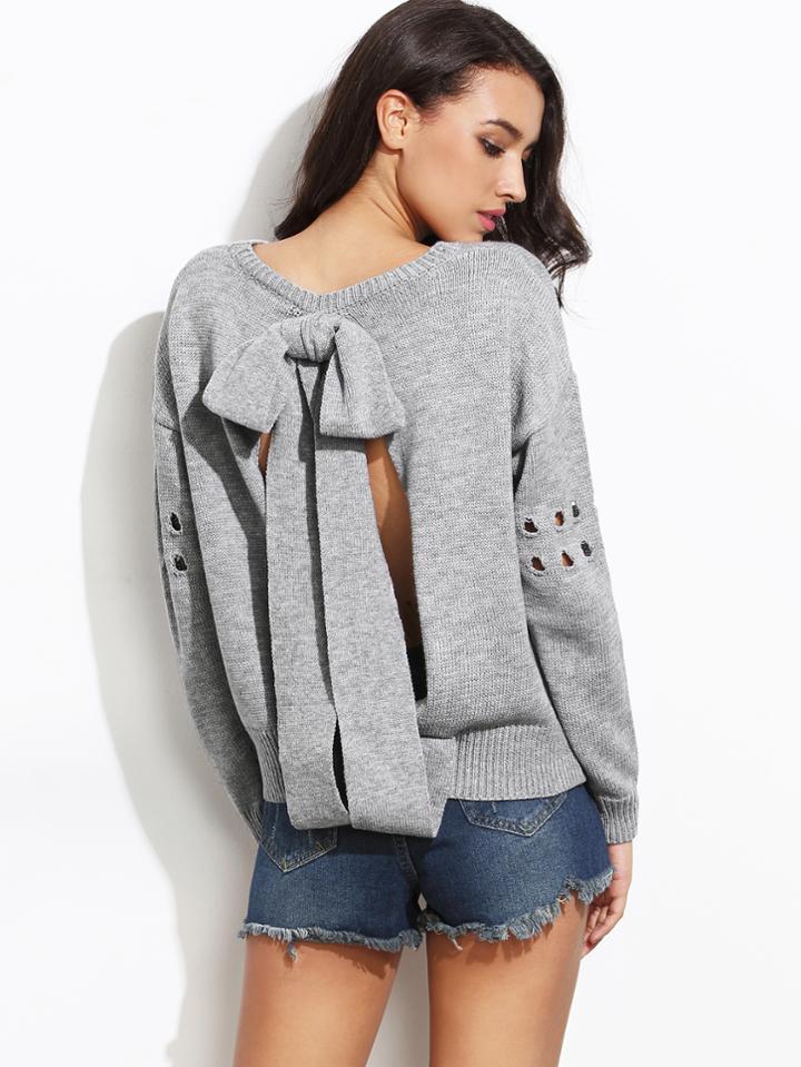 Shein Grey Bow Tie Open Back Drop Shoulder Eyelet Sleeve Sweater