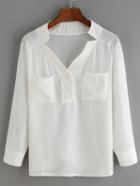 Shein White Stand Collar Pockets Buttons Blouse