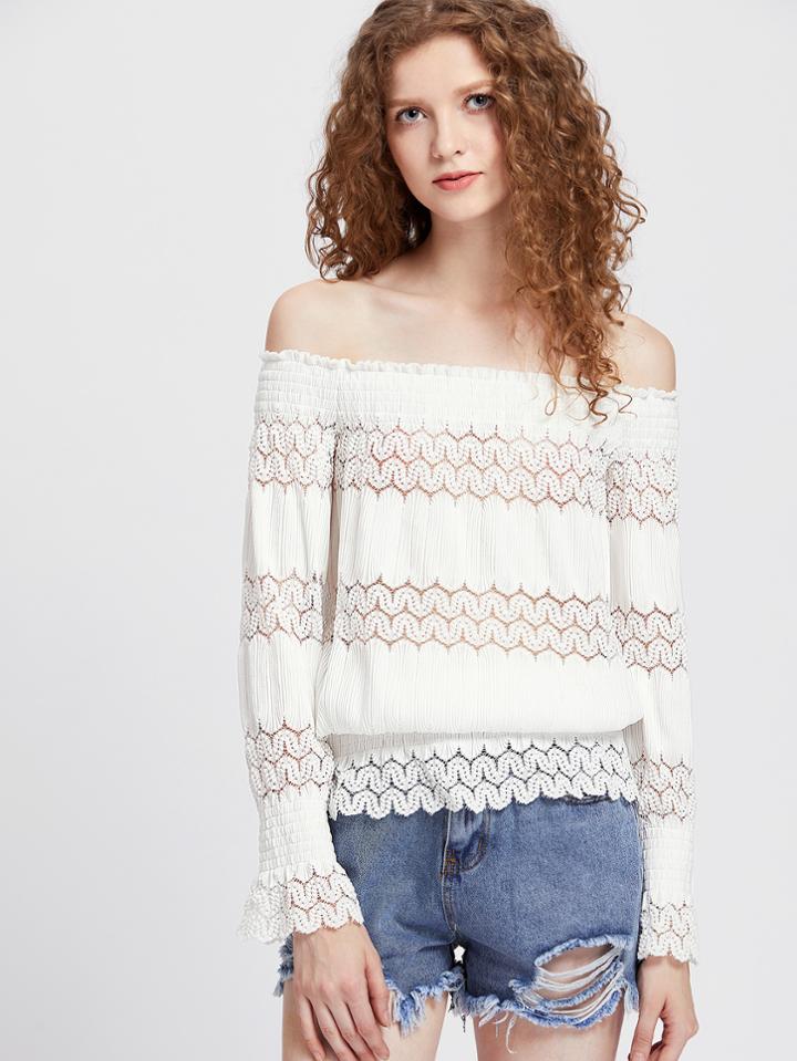 Shein Lace Insert Smocked Blouson Top