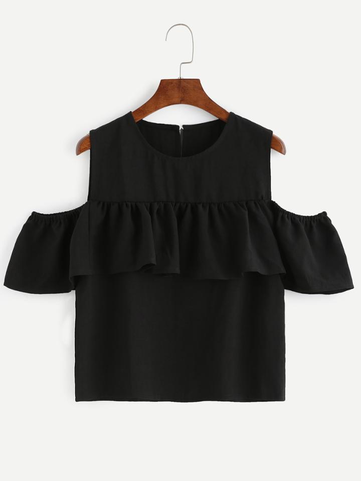 Shein Black Open Shoulder Keyhole Back Ruffle Top